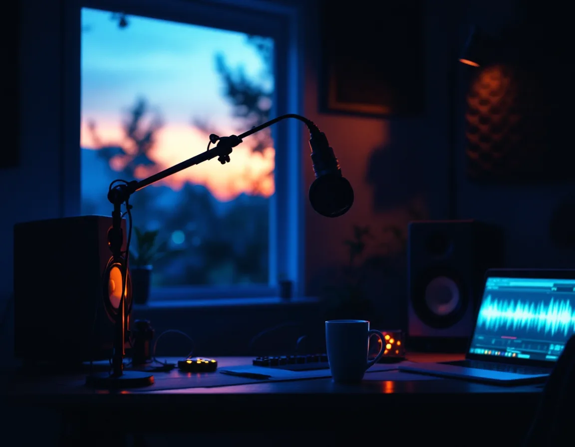 The Gravel Road Audio editing desk — microphone, monitors and a waveform on screen